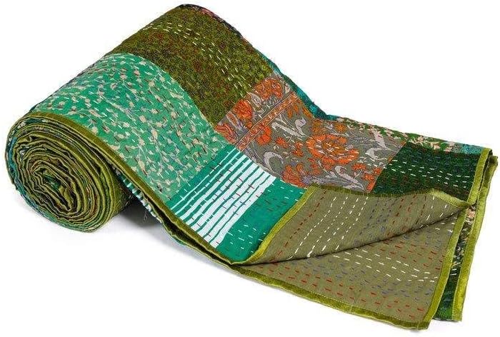 Boston Leather Goods Mix Beige Silk Sari Patchwork Kantha Manta de trabajo para la venta Boho Vintage Colchas Manta Bohemia Ropa de cama Colcha