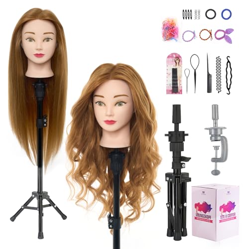 Mannequin Head with 80% Real Human Hair with Tripod Stand - 28" Cosmetology Manikin Doll Head for Hair Styling, Hairdressing Training Head for Braiding Practice Suitable for Hair Extensions