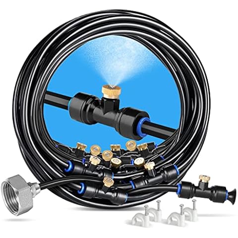 HOMENOTE Misting Cooling System 59FT (18M) Misting Line + 20 Brass Mist Nozzles + Brass Adapter(3/4") Outdoor Mister for Patio Backyard Garden Greenhouse Watering Cover
