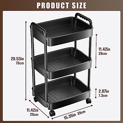 3 Tier Rolling Cart, Plastic Storage Cart, Multi-Functional Utility Cart Kitchen Storage Organizer,Mobile Shelving Unit Cart with Lockable Wheels for Bathroom,Laundry,Living Room,Black