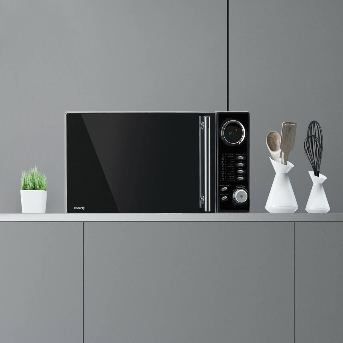H.Koenig VIO9 – Micro‑ondes multifonction, 25L, 1000W, Plateau tournant 27cm, 10 modes de cuisson, Décongélation Express, Minuterie jusqu’à 30 min, Ecran LCD, Design miroir noir