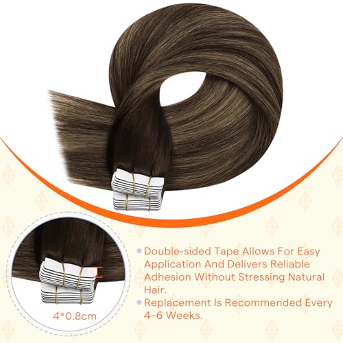 Image of Full Shine Hand Tied Invisible Tape in Hair Extensions,Remy Human Hair,2 /8 /2 Dark Brown to Ash Brown Balayage,40g 20Pcs 14 Inch,Seamless Skin Weft Tape in Extensions for Party and Night Out