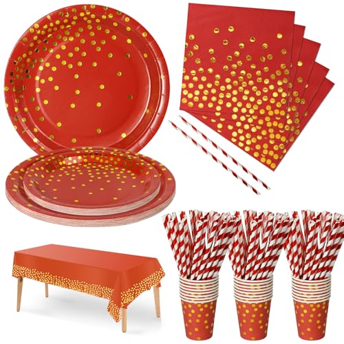 Nkaiso Anniversaire Vaisselle de fete 126 Pièces Or Bordeaux Party Assiettes en Papier Set Assiettes de Fête Jetables Papier Tasses Serviettesr Pailles Nappe...