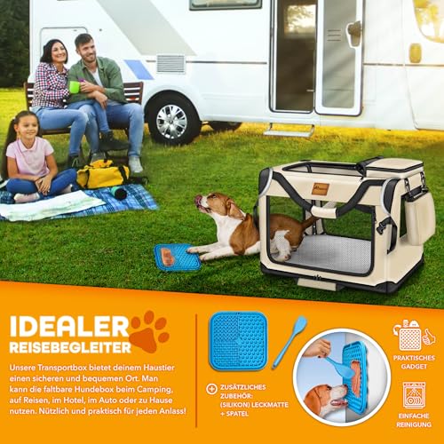 TRESKO® Hundebox faltbar inkl. Leckmatte, Spatel & Reflektoren M 61x42x42cm | Transportbox für Hunde und Katzen | Hundetransportbox Auto für kleine & große Hunde | Hundetasche robust Beige
