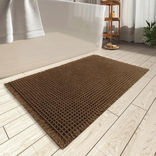 AMOAMI Upgraded Waffle Runner Rug Super Absorbent Non Slip Bath Mats for Bathroom Machine Washable Bathroom Runner Rug with Tassels, Ideal for Hallway Bedroom Laundry Room, 2'x 4'(24" x 48")