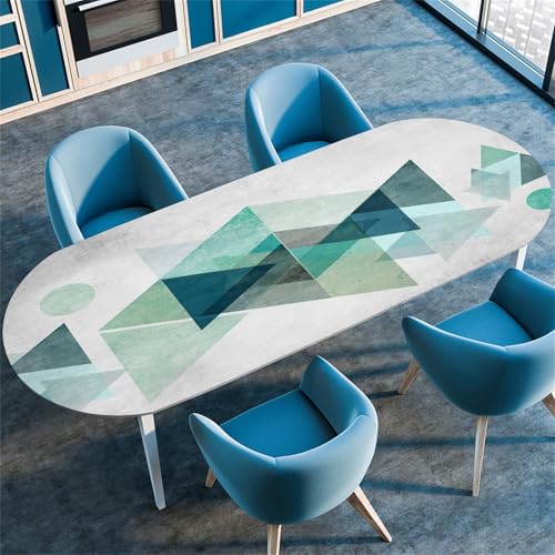 Treer Mantel Oval con Bordes Elástica, Geométrico Verde Mantel Oval Mesa Protector de Mesas Ajustable, Manteles Antimanchas para Fiesta Cocina Picnic (132x305cm/52 x120,Verde)