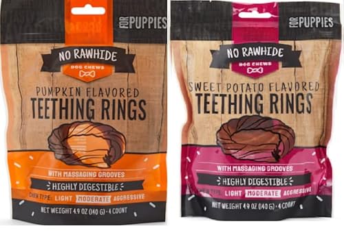 No Rawhide Puppy Teething Rings – Highly Digestible Rawhide Alternative Chews (8 Rings, Pumpkin & Sweet Potato)