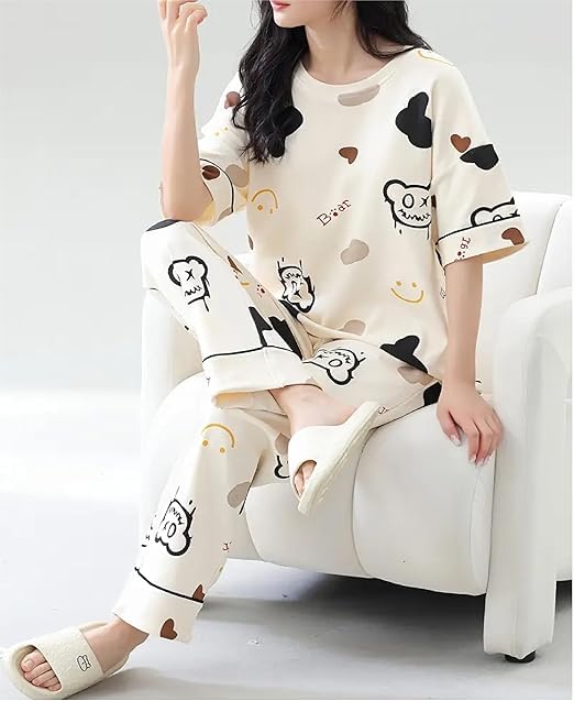 Image of Women's Pajama Set with Top & Pants|| Korean Night Wear|| Loose Fit Home Wear || Lightweight Printed Set || Soft & Comfy Girls & Women