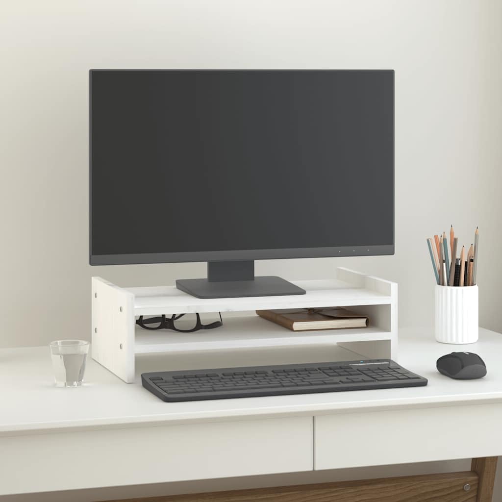 Supporto per monitor bianco in legno di pino massiccio, 50 x 27 x 15 cm, rialzo ergonomico per PC, laptop, tablet, organizer da scrivania salvaspazio per ufficio e home office