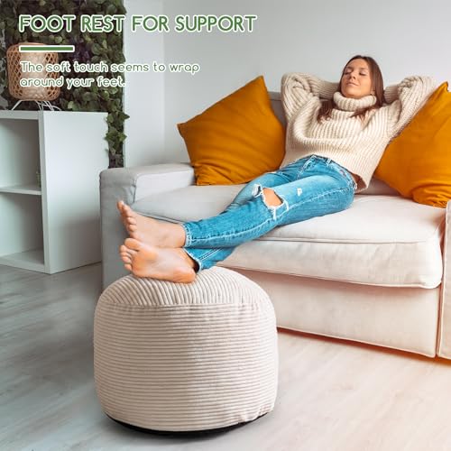 HIGOGOGO Round Stuffed Pouf Ottoman, Corduroy Poufs with Foam Chunk Filling, Corduroy Pouf Foot Stool Storage Ottoman, 26 X 18 Floor Poufs Foot Rest for Living Room, Beige - Image 4