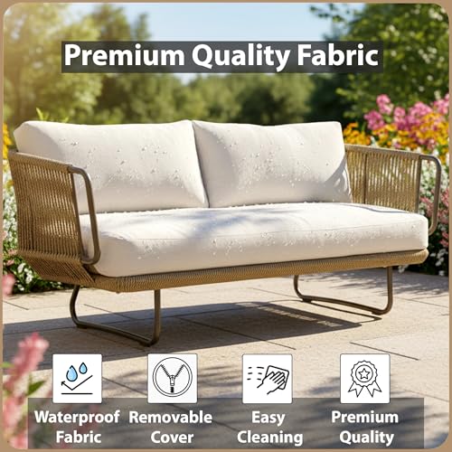 Image of Amazon Brand - Solimo Harbor Outdoor Rope Sofa Set | Balcony Sofa | Patio Conversation Sets | Braided Rope Garden Sofa Set and Table (5 Seater- Beige & White)