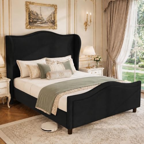 koorlian King Black Chenille Upholstered Bed Frame w/Headboard & Footboard