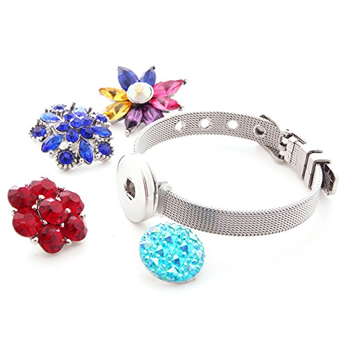 Ginooars 2Pcs Stainless Steel Snap Bracelets With 4Pcs 18-20Mm Rhinestones Snap Charms Snap Button Jewelry #TOP1