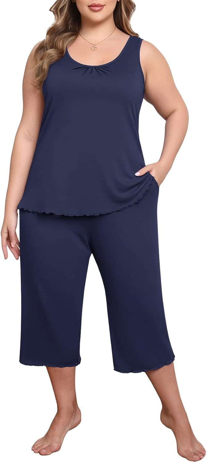 Lastshe Women's Plus Size Pajama Set 2 Piece Sleepwear Soft Cozy Sleeveless Knit Tank Top Capri Pants Lounge PJs with Pockets