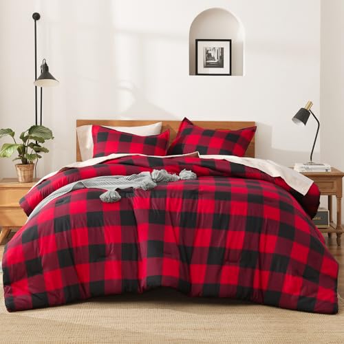 Image of Andency Red and Black Plaid Comforter Set Queen(90x90Inch), 3 Pieces Buffalo Plaid Checkered Gingham Bedding Comforter Sets, Soft Burgundy Lightweight Geometric Down Alternative Bed Set