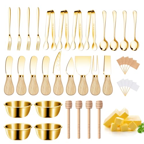 Charcuterie Boards Accessories Gold Charcuterie Utensils Cheese Butter Spreader Knife Set Small Serving Tongs Forks and Spoons Dipping Bowls Honey Dippers Toothpick Flags for Party Platter Making