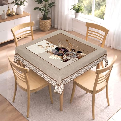 Image of Cloth Fusion Velvet Floral Square Shape Dining Table Cover Cloth 4 Seater with Stunning Gold Foil Design for Home Decor (56x56 Inch Square, Taupe)