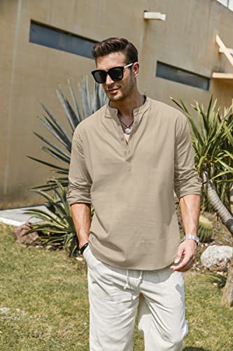 Coofandy Men's Cotton Linen Henley Shirt Long Sleeve Hippie Casual Beach T Shirts Khaki #TOP2