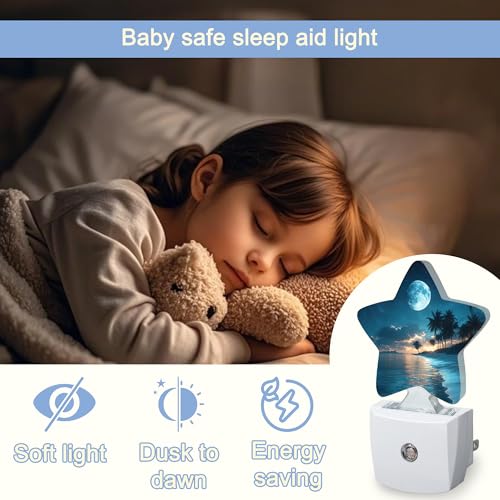 Image of Moon Beach Night Light,Tropical Palm Tree Plug-in Star Night Lights with Dusk-to-Dawn Sensor for Bedroom,Bathroom,Living Room Sleep Friendly Lamp for Women Girls Boys Gift,0.5W