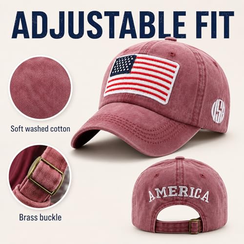 Image of American Flag Baseball Cap for Men Women, Washed Cotton USA Hat, Adjustable Patriotic Cap for 4th of July