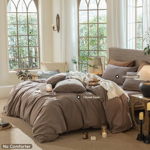 Image of MooMee Wavy Striped Duvet Cover Set 100% Washed Cotton Linen Like Textured Breathable Durable Soft Comfy (Brown, Alaska King 132 inchx120 inch)