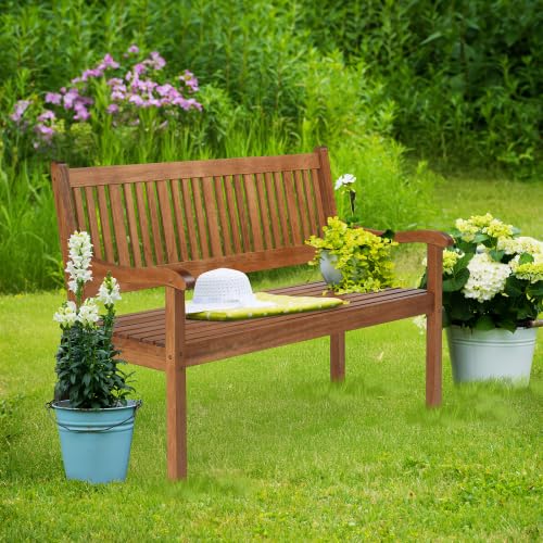 Bonnlo Banc de Jardin en Bois 127cm, Design à Rayures, Banc Extérieur 2-3 Places, Résistant aux Intempéries, Mobile pour Balcon Terrasse Veranda Pergola