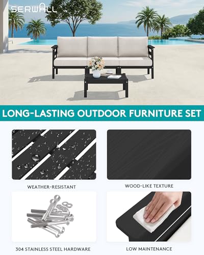 Image of SERWALL HDPE Outdoor Furniture Set, 4 Pieces Patio Sectional Sofa Set | All-Weather Wood-Like Outdoor Sofa Couch with Coffee Table, Modular Design for Flexible Combination