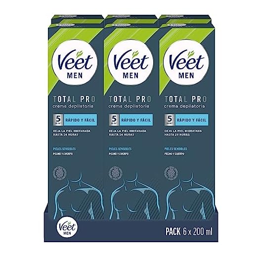 Veet Men Crema Depilatoria Masculina para Pecho y Espalda, Pieles Sensibles, Pack 6x200 ml