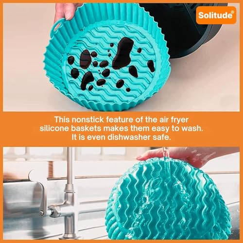 Image of Solitude Air Fryer Liner I Round Silicone Basket Baking Tray I Pot with Ear Handles I Nonstick Reusable Heat Resistant I Cooking Oven Insert Accessories - Multicolor (8 Inch, 1 Piece)