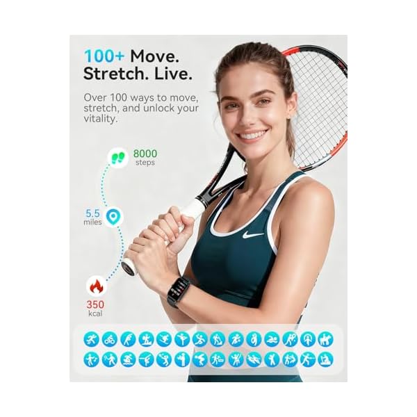 Fitness Tracker for Women Men, Activity Smart Watch Compatible with Android iPhone, Step Counter with 110+ Sports, Sleep Monitor, Calorie Counter, IP68 Waterproof (Black, 1.57) - Image 4