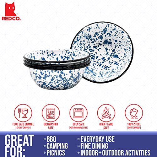 Red Co. Set Of 4 Enamelware Metal Classic 20 Oz Round Cereal Bowl, Navy Blue Marble/Black Rim - Splatter Design #TOP3