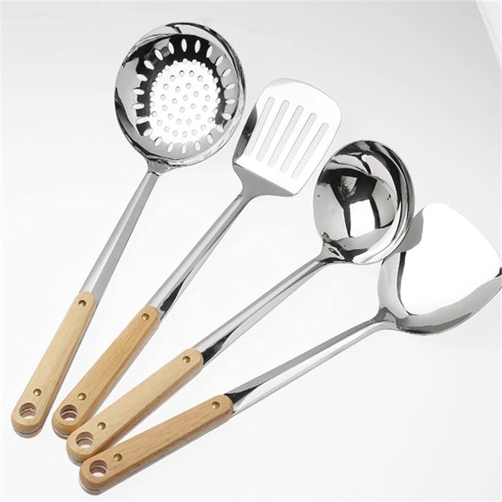 IUokLU Kitchen Utensils Set,Chef Kitchen Cooking Utensils Wooden Handle Wok Spatula Stainless Steel Spatula Cooking Utensils Spoon Long Handle Large Size Turner Fried Steak Shovel