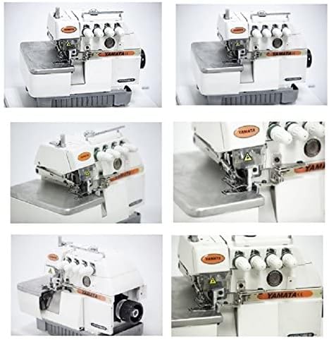 Collage of detailed views of the Yamata industrial serger machine, showing various angles and components
