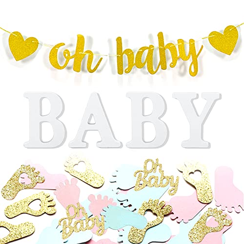 Csirnto Baby Shower Décoration, Lettres en Bois Baby Ornement Blanc, Baby Shower Bannière Banderole Guirlande et Lot de Confettis en Forme de Pied pour Fête de Naissance Anniversaire Fille Garçon