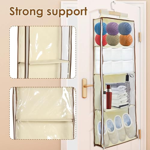 Image of Hanging Yarn Storage with 4 Large Pockets, Multi Functional Storage Bag, Clear Knitting Organizer Storage with Zippers for Crochet Lovers, Hanging Yarn Holder with Over-Door Hooks (khaki)