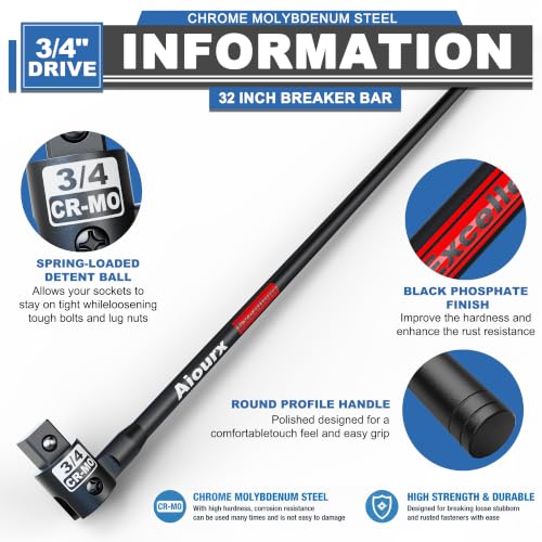 Image of 3 /4 inch Drive 32 Inch Breaker Bar, Heavy Duty Head, Premium Chromium-Molybdenum Steel, Laser Etched Marking, for Loosen Rusted, Stubborn, Stuck Nuts and Bolts