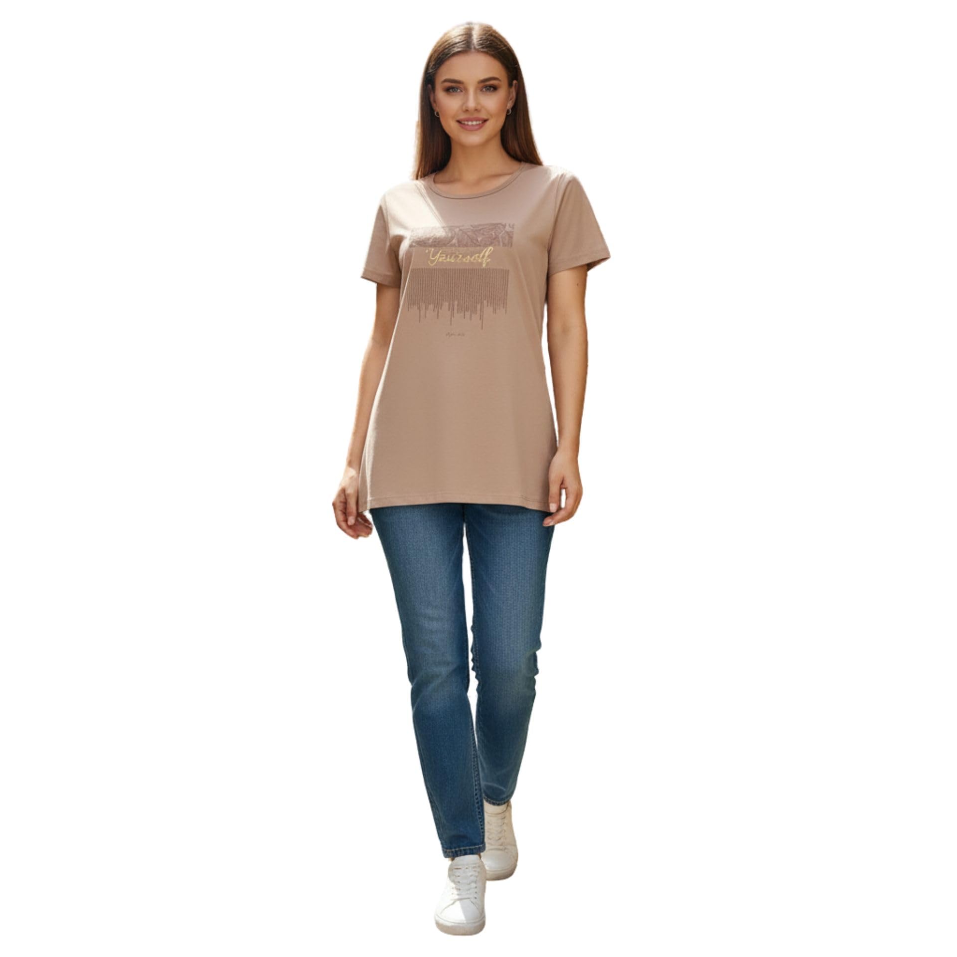 Anouk Womens T Shirt Round Neck Long Length Relaxed Fit Cotton Rich Fabric in neutral