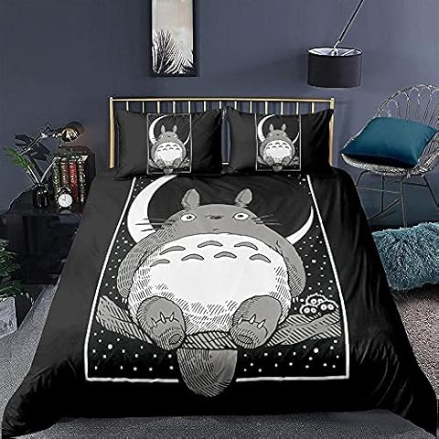 PTNQAZ 3D Neighbor Totoro Japan Anime Black Bedding Set Duvet Cover Set for Kids Comforter Bed Set Children Quilt Cover Bedroom Bedspread (King,black) Cover
