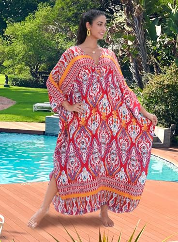 Image of Yanziliu Kaftan Dress for Women,Plus Size Hawaiian Batwing Sleeve Beach Cover Up Summer Swimsuit Dresses