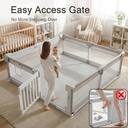 Image of 71 inch x59 inch Baby Playpen with Gate, Large Baby Play Pen for Babies and Toddlers, Infant Fence Play Yard with Door for Living Room, Anti-Fall, Breathable Mesh