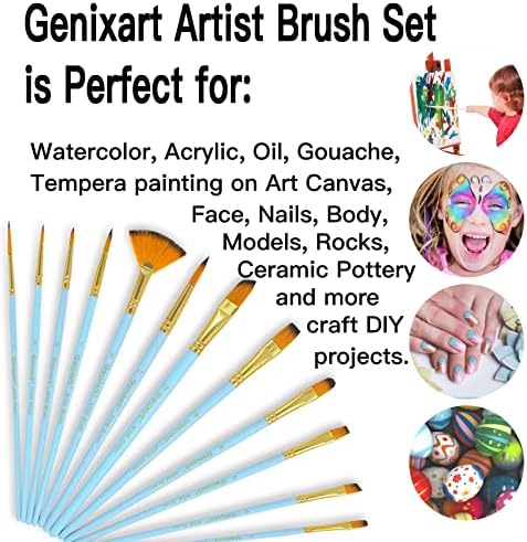 Genixart Paint Brush Set for Acrylic Oil Watercolor, Synthetic Nylon Hairs Artist Paintbrushes for Nail Face Body Professional Art Painting, 12 Pack Paint Brushes for Kids Students Adults (Sky Blue)