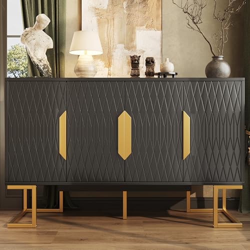 JCFEIDQW Credenza larga 140 cm con piano di lavoro, armadio a buffet con quattro ante e due ripiani regolabili in altezza, buffet, credenza per cucina, soggiorno, sala da pranzo, nero