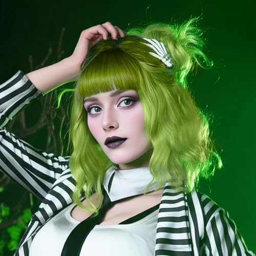 Image of Rose bud Wavy Bob Wig with Bangs Natural Ombre Green Wig Synthetic Hair Shoulder Length Short Curly Wigs for Women