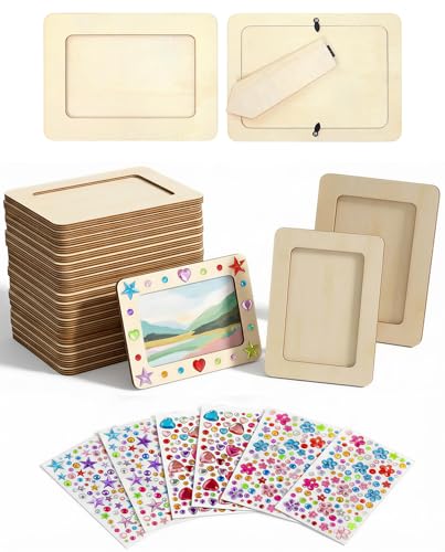 AWEZO 30 Pack Unfinished Wooden Picture Frames 4x6 with 6 Sheets Stickers - Bulk DIY Art & Craft Kit for Personalized Home Decor, Creative Painting Projects, Event Favors & Custom Gift Making