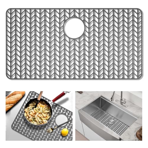 Image of GUUKIN Sink Protectors for Kitchen Mat -30 inchx 16 inch Silicone Kitchen Sink Mat Grid for Bottom of Farmhouse Stainless Steel Porcelain with Rear Drain(Grey