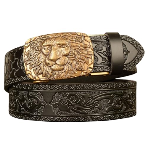 Mens Ratchet Belt, Leather Western Cowboy Belts for Men with Lion Head Square Alloy Buckle Embossed Belt