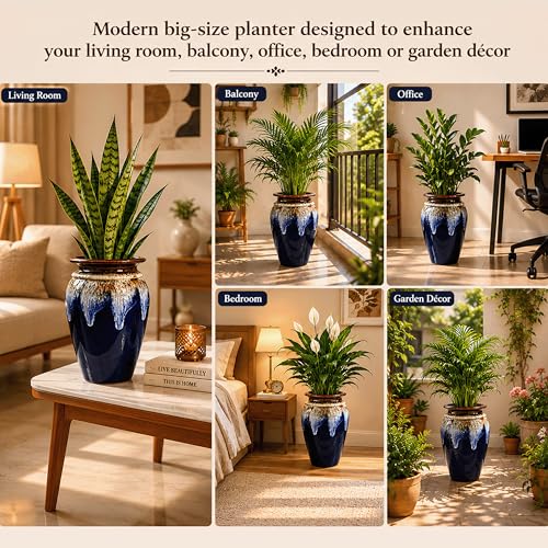 Image of Ceramic Flower Pots for Garden | Big Size Planters for Home Decor, Living Room, Balcony & Office | Multi Utility Vase Gamla for Indoor Outdoor Plants (Hand-Painted, Blue, 10 Inch)