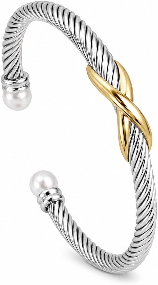 Twisted Cable Cuff Bracelet for Women, Stainless Steel Pearl Bangle