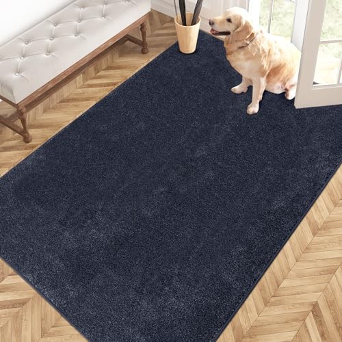 PURRUGS Easy Care Area Rug 4ft x 6ft, Non-Slip Machine Washable Entryway Rug, Dog Door Mat, Stain Resistant Accent Rug for Hallway, Living Room, Bedroom and Mudroom, Navy Blue
