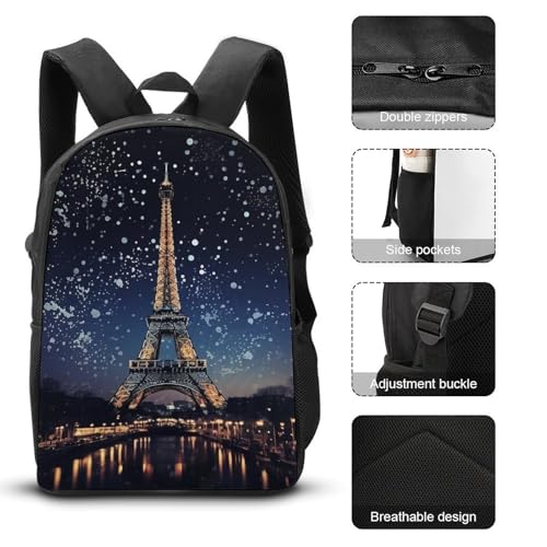 3 Piece Backpack for Women Men Lightweight Causal Daypack Shoulder Bag Set with Insulated Lunch Bag And Pencil Case Organizers Night Paris Eiffel3